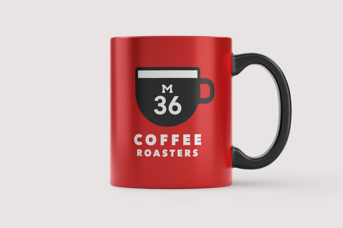 M36 Coffee Roasters logo design on a coffee mug